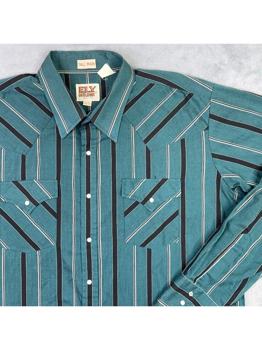 Ely Cattleman Western Shirt XL Tall 17.5 Tall Man Green Pearl Snap Long Sleeve